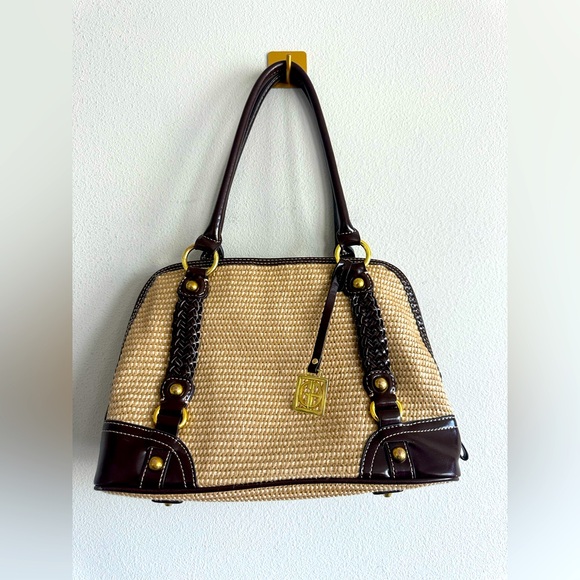 Giani Bernini Woven Satchel Tote Brown Leather Trim Braided Handles Woven Bag - Picture 1 of 11